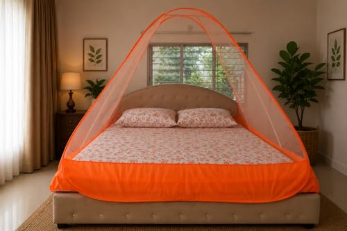 Image of Healthy Sleeping Mosquito Net | Double Bed | Supreme King Size Bed | Foldable Machardani with 2 Side Zipper Opening | Strong 30GSM Polyester Net | PVC Coated Steel Wire (Orange)