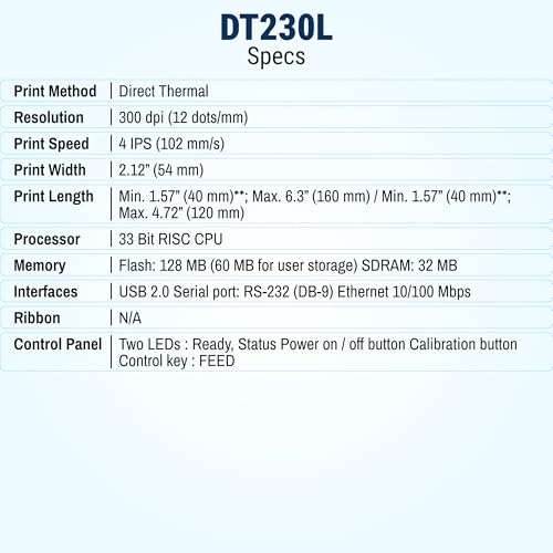 Image of McAuley Labels GoDEX DT230L Linerless Direct Thermal Printer - High-Clarity Kitchen & Retail Labels Printer - 2 inch, 300 DPI, Optional Auto-Cutter, USB /Serial /Ethernet
