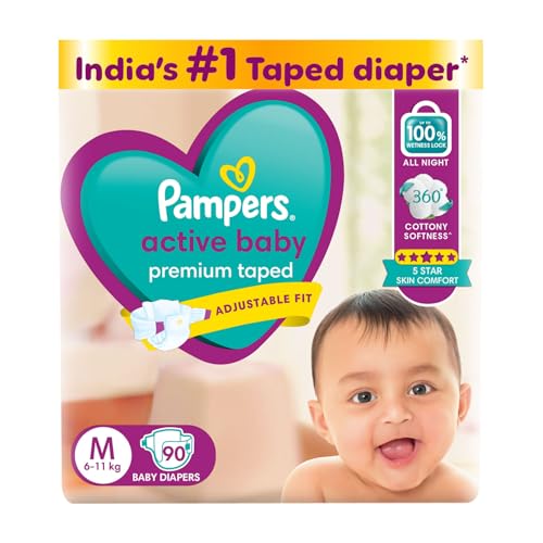 Image of Pampers Active Baby Taped Diapers, Medium size diapers, (6-11kg) 90 count,taped style custom fit