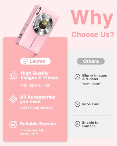 Digitalkamera 1080P Fotokamera 44MP Fotoapparat 16X Digitalzoom mit 32GB Karte 1 Akkus Digitalkamera für Kinder Student Jugendliche Anfänger