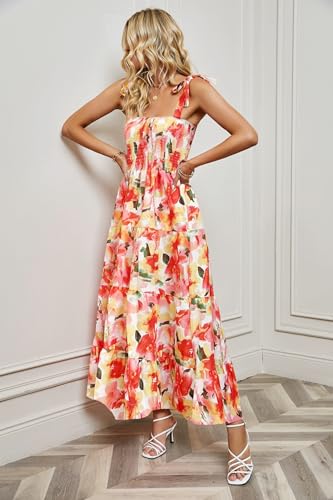 Image of kinstell Women's Summer Boho Spaghetti Strap Square Neck Ruffle Casual Flowy Long Dress Beach Swing Party Maxi Dress