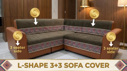 Image of KINGLY L-Shape Sofa Cover 6 Seater 3+3 Velvet Full Cover - Chocolate Brown | Fully covered quilted velvet slipcover, washable anti-slip furniture protector, L-type corner sofa cover for living room