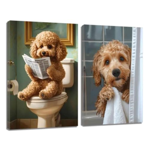 Toile de salle de bain marron texturée | Impression haute définition diptyque chien 2x
