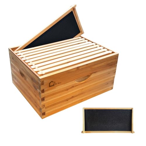 10-Frame Deep Brood Box, Wax Coated Bee Hives Deep Box with Beehives Frames and Wax Foundations, Langstroth Hive Body Brood Box for Beekeeping Supplement (Unassembled)