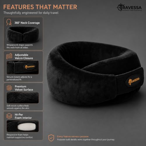 Image of TRAVESSA Memory Foam Neck Pillow | Travel Neck Pillow for Pain Relief | Ergonomic Airplane Neck Pillows | Adjustable & Washable Travel Pillow for Flight and Car with Free Travel Pouch | Soft Black