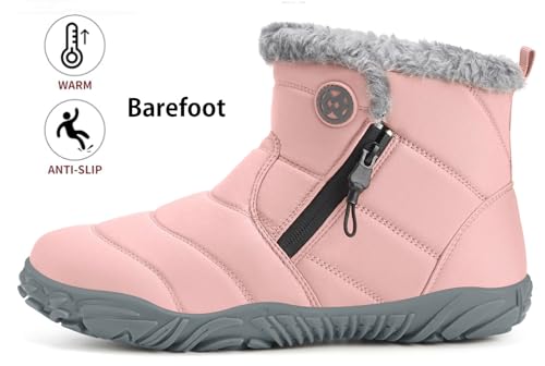 Image of Hsyooes Mens Womens Barefoot Boots Winter Shoes Snow Boots Wide Width Outdoor Slip on Sneakers Warm Fur Lined Ankle Booties with Zip,40 Light Pink