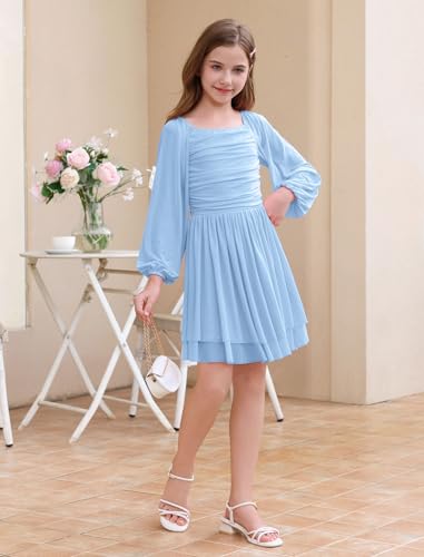 ODIZLI Kids Girls Mesh Long Sleeve Ruched Double Layered Ruffle A Line Party Dress Square Neck Fall Casual Tween Dresses4