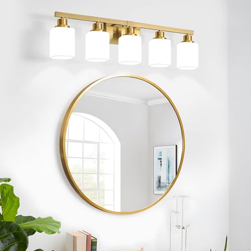 Image of Brushed Gold Bathroom Vanity Light,5-Light Bathroom Light Fixtures with Square Frosted Glass,Gold Bathroom Wall Lamp Sconces for Mirror Bedroom,Living Room Hallway,E26