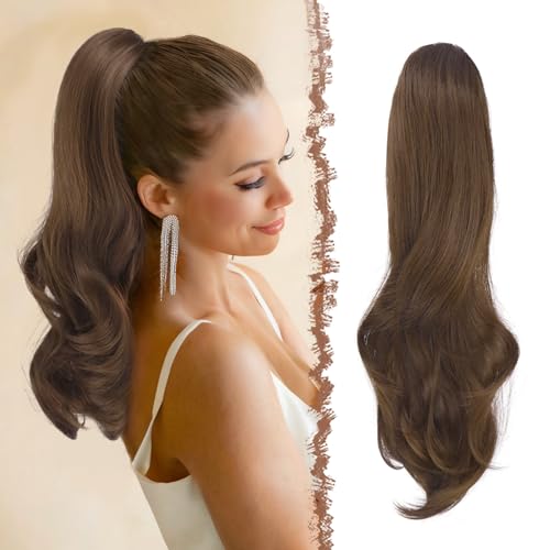 FESHFEN Coda Capelli Extension con Coulisse, Natur Ondulati Lunga Ricci Posticci Sintetici Marrone Multiplo Coda Cavallo Extensions Posticci Capelli per Donna, 50 cm
