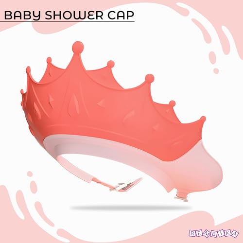 Image of Bembika Baby Shower Cap for Washing Hair, Soft Bathing Baby Shower Cap for Eye Protection and Hair Wash Adjustable Reusable, Waterproof, and Comfortable for Babies � (Crown Coral)
