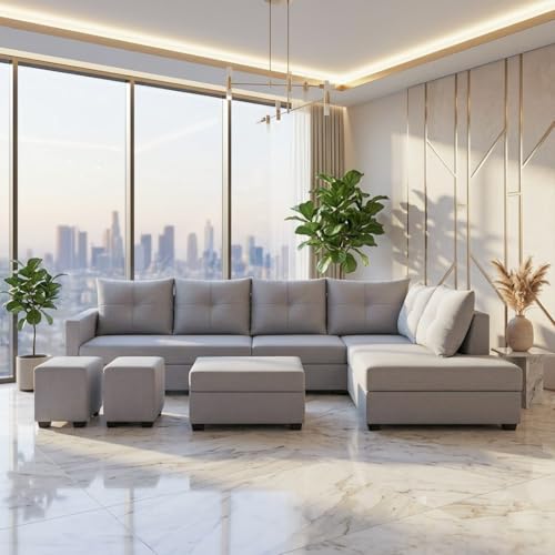 Image of SOCOZI Oriana 8 Seater RHS L Shape Sofa Set | Velvet Suede Fabric L Shape Sofa for Livingroom with 2 Ottoman & Centre Table (Light Grey)