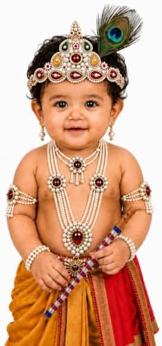 Raj Fancy Dresses Luxury Krishna Pagri for Kids Boys & Girls | Bal Gopal Kanha Janmashtami Turban with 3 Mor Pankh & Pearl Work | Fancy Dress, School Function & Photoshoot Headgear | Only Pagri