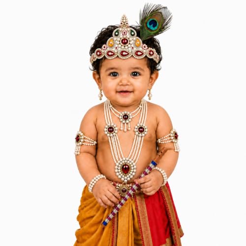 Image of Raj Fancy Dresses Luxury Krishna Pagri for Kids Boys & Girls | Bal Gopal Kanha Janmashtami Turban with 3 Mor Pankh & Pearl Work | Fancy Dress, School Function & Photoshoot Headgear | Only Pagri