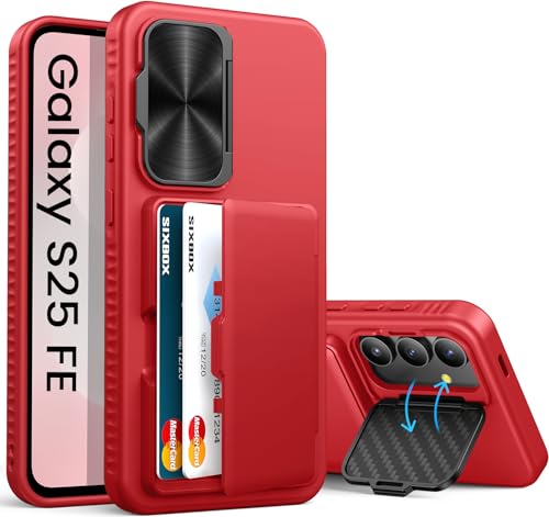Image of for Samsung Galaxy S25 FE Wallet Case with Card Holder & Camera Lens Cover Stand, Military Grade Drop Protection Shockproof Rugged Stand Protective Phone Case for S25 FE 6.7 inch 2025, Red