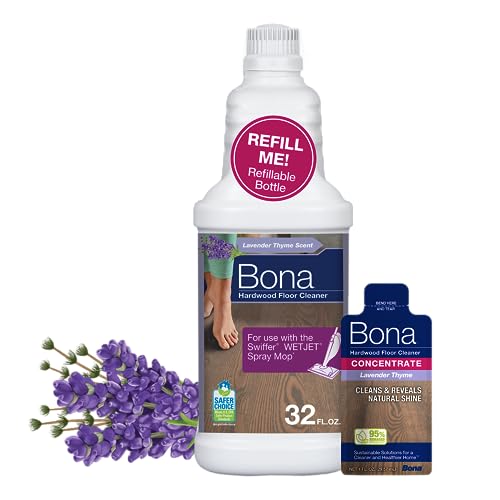 Image of Bona Hardwood Floor Cleaner Bottle for use with Swiffer WETJET Spray Mop, Lavender Thyme Scent, makes 64 Fl Oz - Includes Filled Bottle + Concentrate Refill for Wood Floor Cleaning
