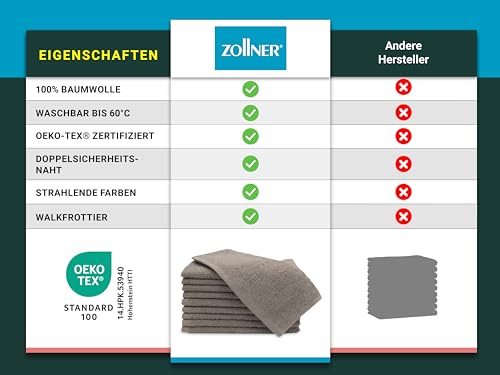 ZOLLNER 10er Set Gästehandtücher - kleine und Flauschige Handtücher in 30x50 cm - waschbar bis 60°C - Baumwolle - in Fango - Hotelqualität - Oeko Tex® Zertifiziert