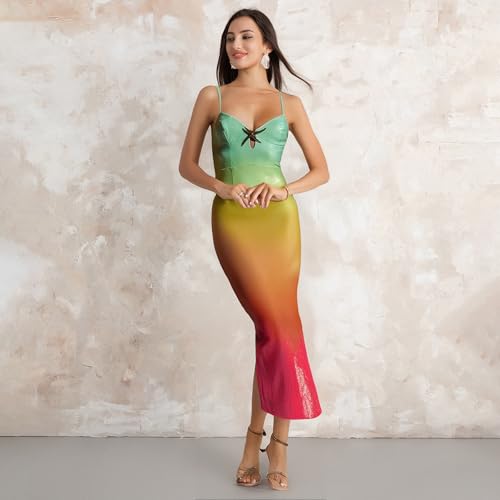 Image of Owl's-Yard Women Sexy Maxi Dress Y2K Spaghetti Strap Floral Print Low Cut Backless Slim Fit Sequins Long Cocktail Dress