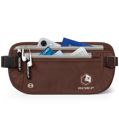 VENTURE 4TH Money Belt for Travel – Hidden Under-Clothes RFID Blocking Passport Holder & Slim Travel Wallet Pouch for Men & Women to Protect Cash, Cards & Documents (Brown)