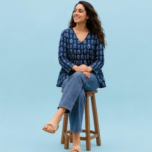 Image of Women's Printed V-Neck Short Kurti | Casual Long Sleeve Tunic Top