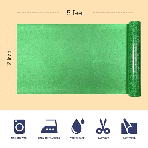 Image of Green Glitter Puff Vinyl Heat Transfer - 12 inch x 5ft 3D Puff HTV Vinyl, Glitter Puffy Iron-On for Fabrics, Perfect for T-Shirts, Bags, Pillows, Compatible with Cricut & Cameo