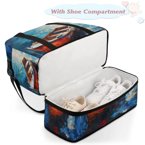 Travel Duffel Bags Oil Painting Boat Foldable Weekender Bags for Women with Shoes Compartment Waterproof & Tear Resistant Carry on Overnight Luggage Duffel Bag Shoulder Sports Tote Bag4