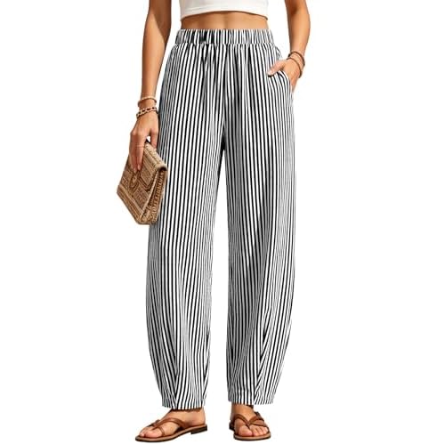 LOMON Womens Barrel Harem Travel Pants Baggy Casual Gingham Striped Bottoms