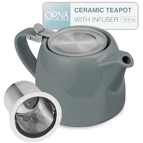 ORNA Ceramic Teapot with Tea Infuser – Small Tea Pot for Loose Leaf Tea – 550ml / 18.6 Oz Porcelain Non-Stove Teapot for 2 Cups with Tea Strainer (Grey)