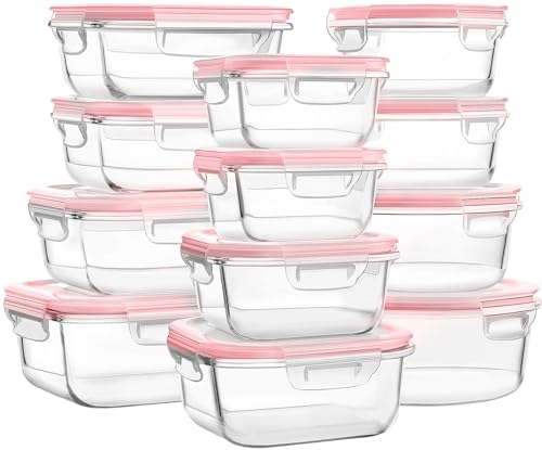Image of Bayco Glass Food Storage Containers with Lids, [24 Piece] Glass Meal Prep Containers, Airtight Glass Bento Boxes, BPA Free & Leak Proof (12 lids & 12 Containers) - Pink