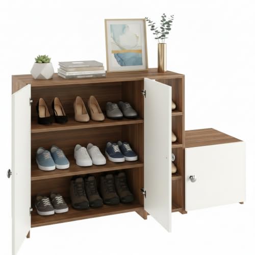 Image of FURNEASER Fusia Shoe Rack Cabinet for Home | Wooden Shoe Storage Organizer with Doors | Space Saving Footwear Stand for Entryway, Living Room & Bedroom (Exotic Teak & White)