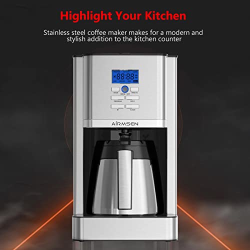 Airmsen Drip Coffee Maker 8 Cup, Programmable Coffee Maker 4 Hours Warming Stainless Steel Coffee Machine With Thermal Carafe, Reusable Filter For Home And Office - Cm1705We #TOP6