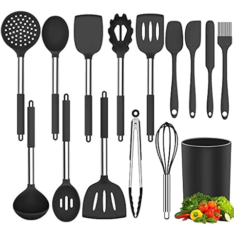 Kitchen Utensils Set 15 Pcs Silicone Cooking Utensils Set, Non Stick and Heat Resistant Cookware, Cooking Tools with Holder (Black) Cover