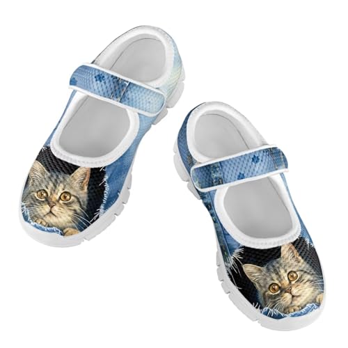 Cat Print Girls Mary Janes Shoes Breathable School Shoes Non Slip School Running Dress Shoes with Magic Sticker Strap