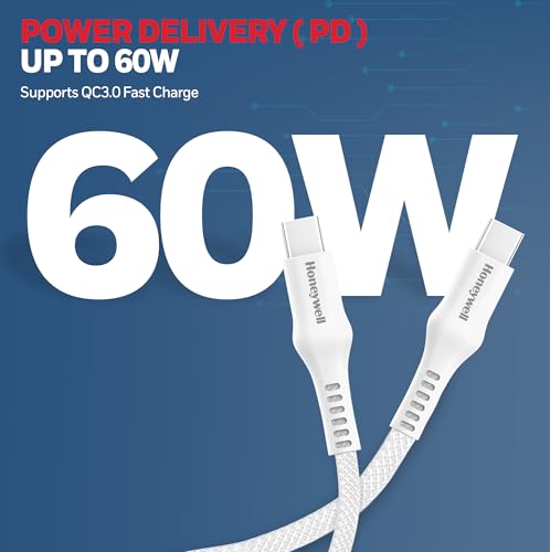 Image of Honeywell USB Type C to Type C Cable, 4 Feet (1.2M), PD 60W, QC 3.0, Fast Charging, Nylon Braided Cable for Apple Devices, Smartphones, Laptops, Power Banks, Tablets, Headphones, Speakers - White