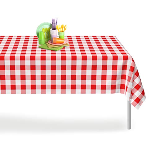 Best Promo Red Gingham Checkered 12 Pack Premium Disposable Plastic Picnic Tablecloth 54 Inch. x 108 Inch. Decorative Rectangle Table Cover By Grandipity