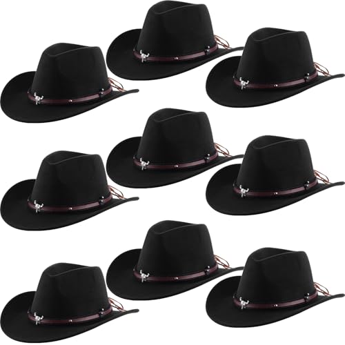 Image of Toulite 9 Pcs Western Cowboy Hats Faux Felt with Strap Bulk | 9 Color Fur Faux Felt Travel Cap for Men Women, Cowgirl Party Halloween Cosplay Costume Western Theme Events