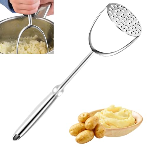 Schiacciapatate Acciaio Inox, Pressa Purè Patate con Manico Ergonomico, Schiaccia Patate Manuale, Utensile Cucina Professionale per Verdure, Frutta, Zucca, Lavabile in Lavastoviglie (Argento)