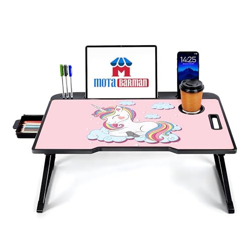 Image of Foldable Wooden Laptop Bed Tray Table, Multifunction Lap Tablet Desk with Cup Holder, for Eating Breakfast, Reading Book, Working, Watching Movie on Bed (Unicorn)