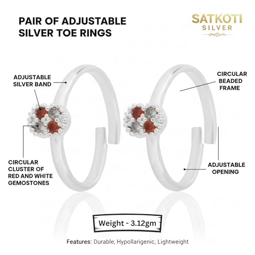 Image of SATKOTI 925 Silver Toe Rings for Women | Adjustable Pure Metal Bichiya with AAA Quality CZ Stone| BIS Hallmarked Jewelry with Authenticity Certificate | Pair of 2 Metti