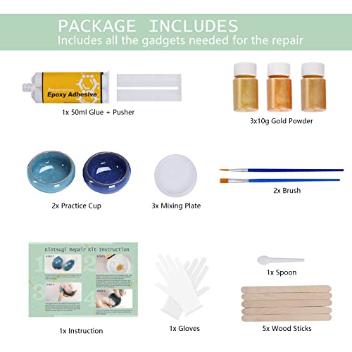 Realinn Kintsugi Repair Kit, Restore Broken Ceramics With Gold Powder & 50Ml Glue, With 2Pcs Practice Cups, Suitable Gift For Diy Kintsugi Repair Starters #TOP1
