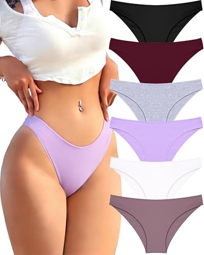 Image of FINETOO 6 Pack Cotton Underwear for Women Cute Low Rise Bikini Panties High Cut Breathable Sexy Hipster Womens Cheeky S-3XL