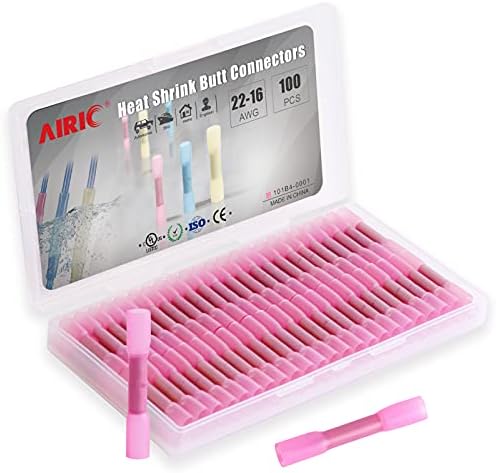 AIRIC Heat Shrink Butt Connectors 100pcs 22-16AWG Waterproof Butt Connector Red Heat Shrink Marine Automotive Electrical Straight Wire Crimp Connectors,Red