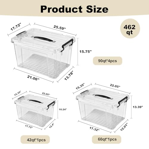 Image of 6 Pack Clear Storage Bins with Lids, 462QT (4 Pack-90 QT, 1 Pack-60 QT, 1 Pack-42 QT) Stackable Plastic Organizer for Home, Office, Garage, BPA-Free, Heavy-Duty with Secure Latches & Handles