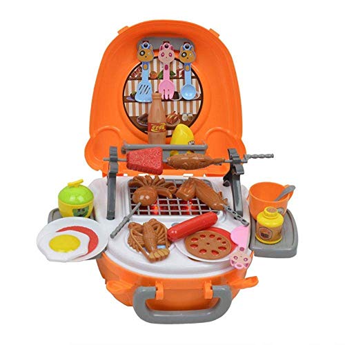 Lzdingli Kids BBQ Playsets Simulation Kitchen Grill Set Detachable Portable Suitcase Cooking Toys Children Kitchen Cosplay Toys with Light Sound