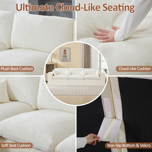Image of 115''Cloud Boneless Sectional Couch, Modular Sectional Sofa Deep Seat, Oversized Upholstered Convertible Comfy 3 Seater Chenille Memory Foam Sofa Couches for Living Room, Beige