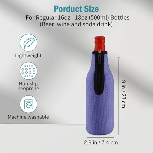 KENOBEE Beer Bottle Insulator Sleeves, 4 Pack 16oz to 18oz Glass Beer Bottles Neoprene Cooler Covers Non-slip Thick Jacket Coolier Drink Holder with Zipper, Black/Yellow/Orange/Purple - Thumbnail 2