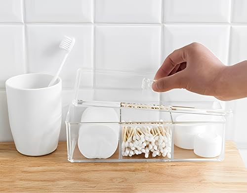 Image of Sooyee Qtip Holder Rectangle Cotton Ball and Swab Holder Organizer with Lid, Dustproof,Waterproof,Clear Acrylic 3 Compartment Cotton Pad Container for Cotton Swabs, Make Up Pads, Cosmetics