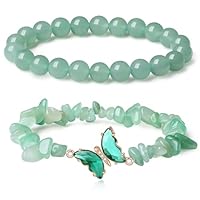 AWARDSEN 2Pcs Aventurine Verte Bracelet Papillon Pierre Naturelle Femme 8mm Pierre Precieuse Bracelet Stretch Extensibles Perle Bijoux Cadeau pour Femme