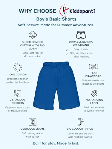 Image of KiddoPanti Boys Solid Knee-Length Basic Short | 100% Cotton Knit Fabric | Comfortable Fit with Elastic Waistband and Functional Drawcord | 2 Front Pockets Half Pant | Boys Shorts