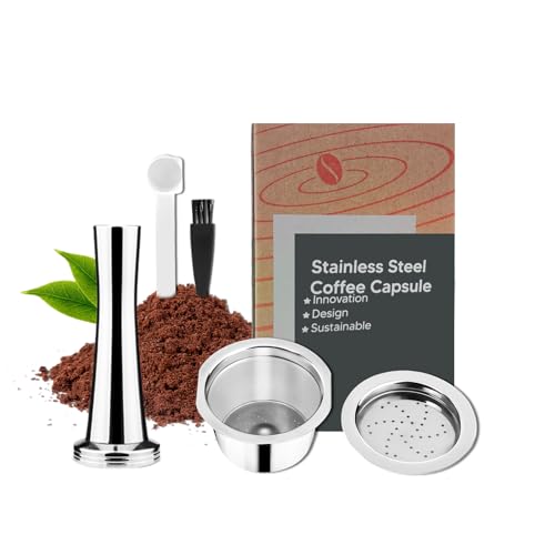 FOVNOT Edelstahl Kaffee Kapseln, Mehrweg Espresso Kapseln für K Fee Pads Nachfüllbare Kaffee Kapsel Filter mit 30 mm Tamper und 1 Löffel 1 Bürste