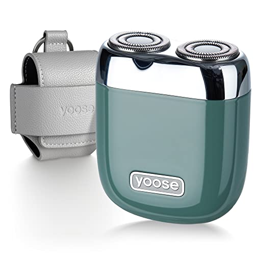 yoose Mini Shaver On-The-Go, Portable Alloy Electric Razor for Men, Cordless Travel Electric Shaver, Dry Shave, USB-C Rechargeable, IPX7 Waterproof, Magnetic Detachable Head, Leather Case, Green
